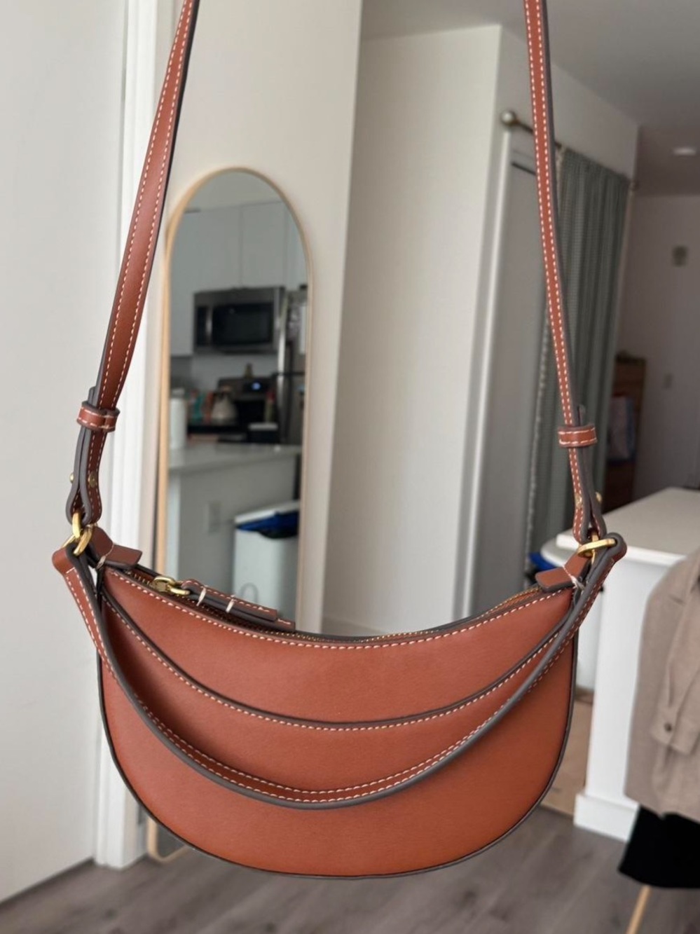 Mango Small Brown Leather Crescent Crossbody Bag